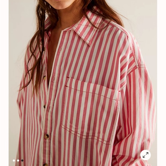 Free People Oversized Coral Pink & White Striped Button Up Shirt - Picture 7 of 7